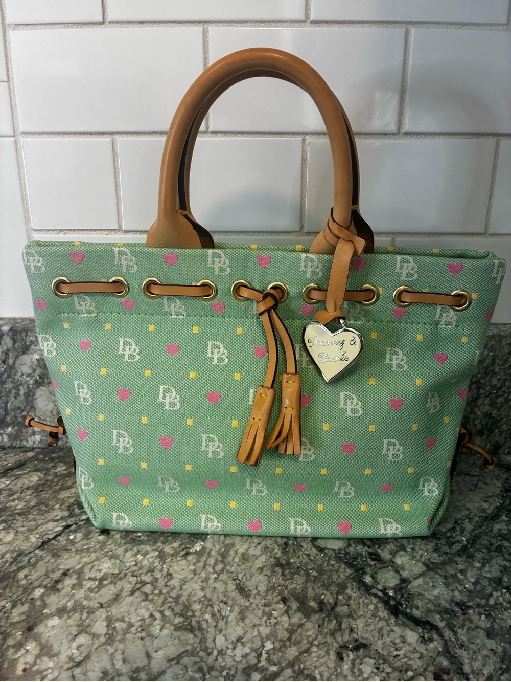 Dooney & Bourke Mint Green Logo Canvas Tote with Tan Leather Handles